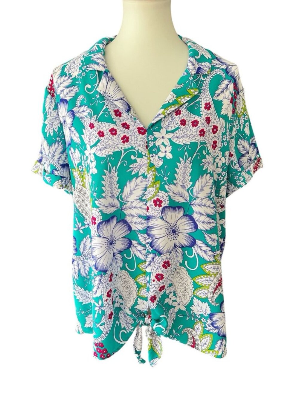 Investments Tropical/Floral Multicolor Short Sleeve Tie Bottom Blouse-Size XL